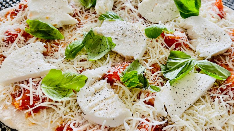 Garden veggie pizza with colorful vegetables